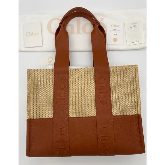 $1950 NEW CHLOE WOODY MEDIUM RAFFIA LEATHER SUMMER TOTE BAG PURSE NWT! - Picture 4 of 13